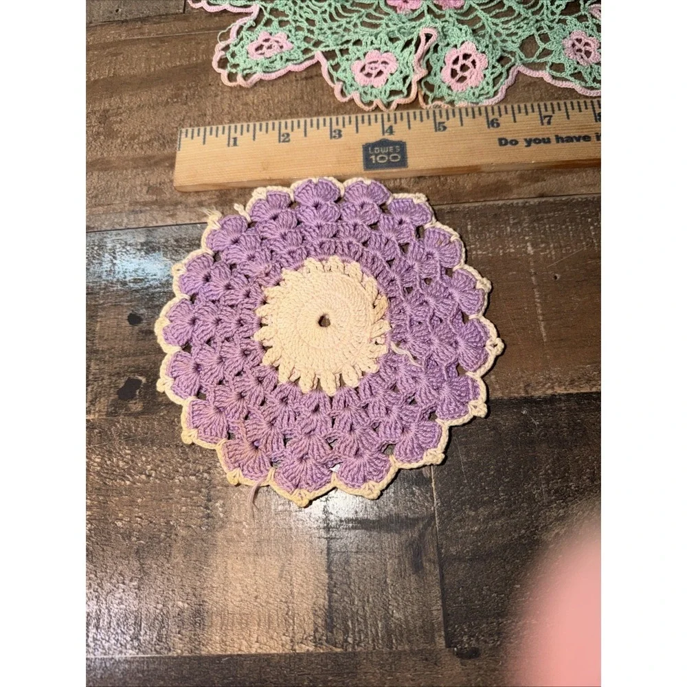 Vintage Handmade Crochet Doilies Lot Set of 3 Pink Green Purple Boho Table Decor